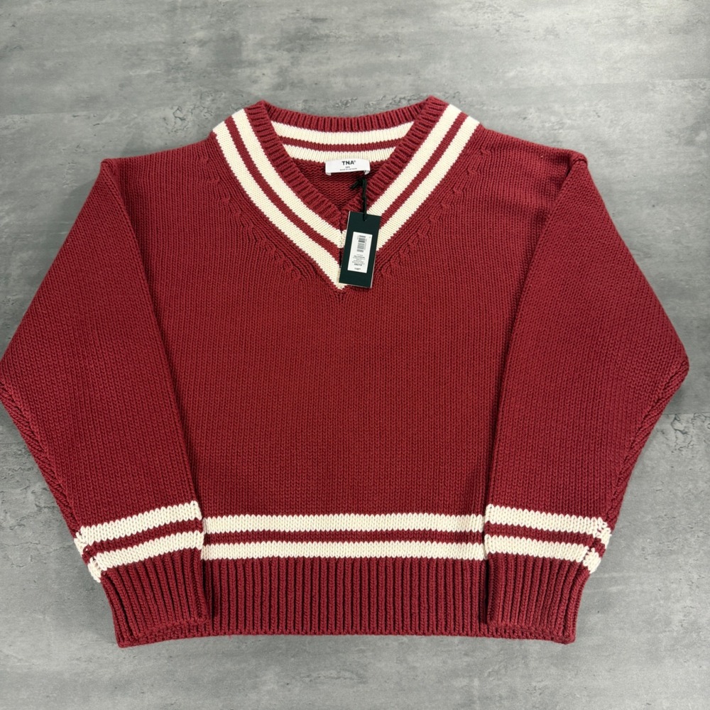 TNA Aritzia Sweater 2XS Burgundy Varsity V-Neck Merino Wool Stripe Knit $148